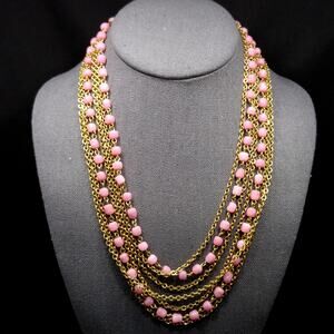 Vintage Pink Glass Bead Necklace 7 Strand Gold Tone Chain 1950s